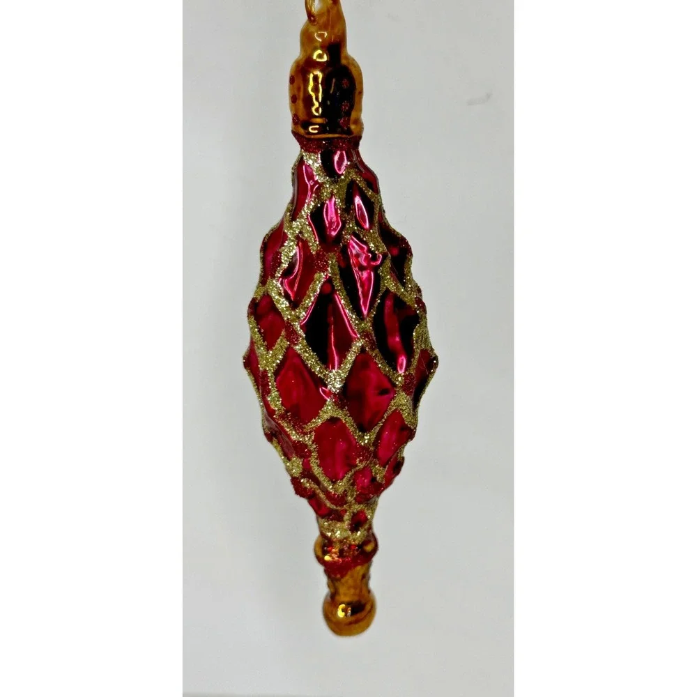 Red Diamond Glass Christmas Ornament Textured Waffle Pattern Gold Glitter